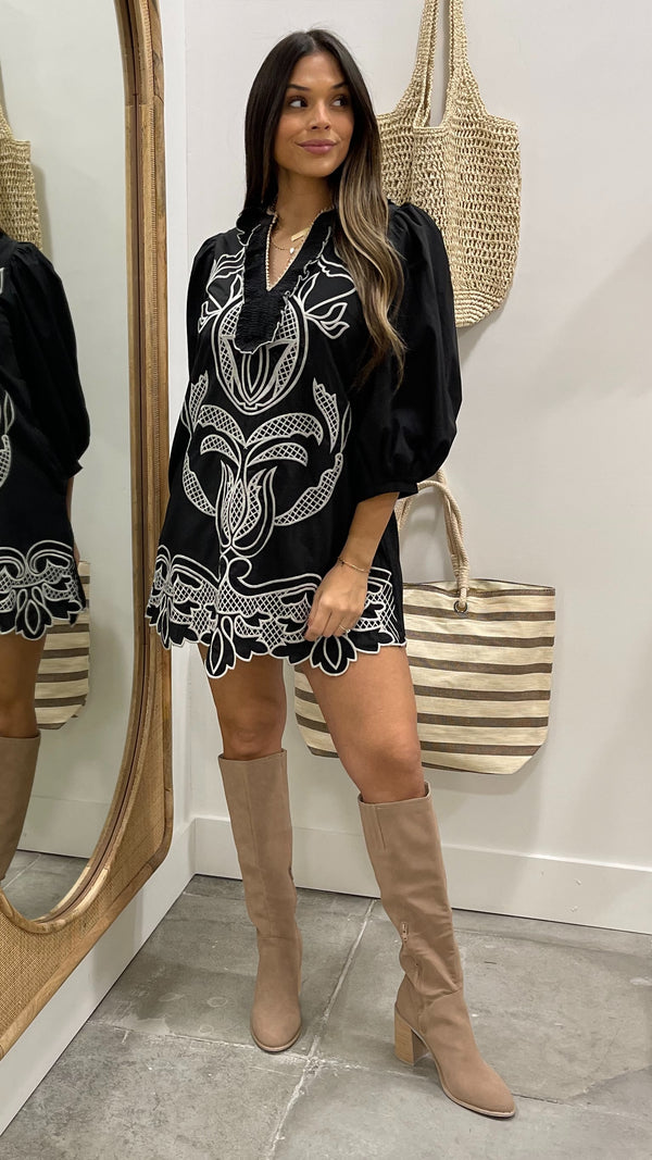 Ariana Black Embroidered Mini Dress
