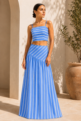 Blue Stripe Diagonal Tiered A Line Maxi Skirt