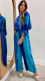 Blue Ombre Satin Boat Neck Blouson Top