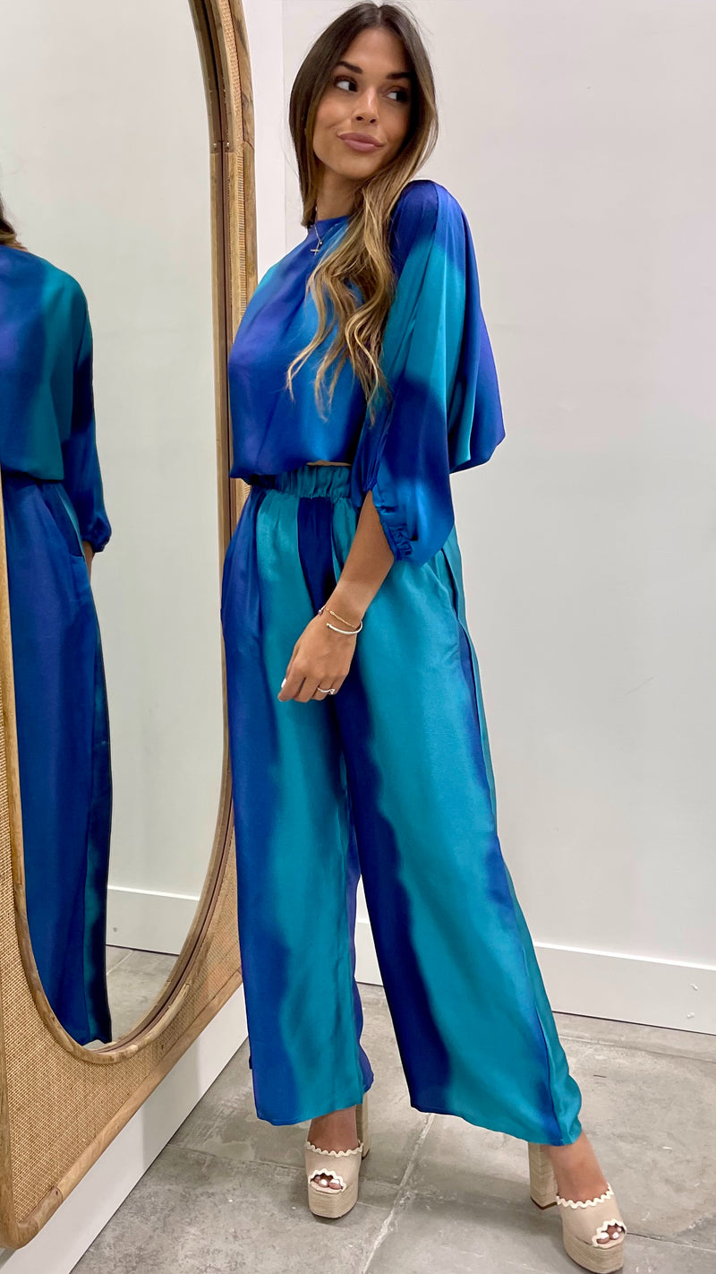 Blue Ombre Satin Boat Neck Blouson Top