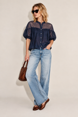 Puff Sleeve Italian Blouse in Navy