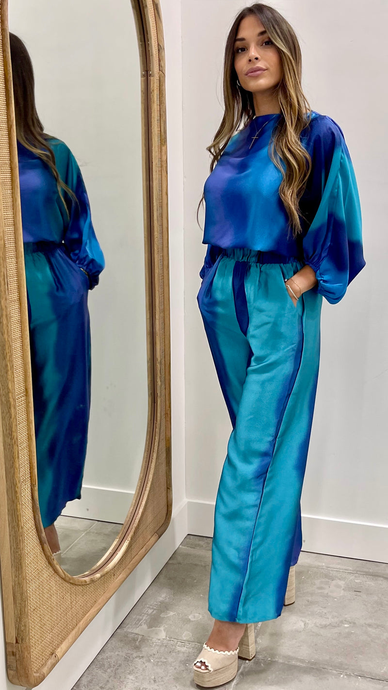 Blue Ombre Satin Boat Neck Blouson Top
