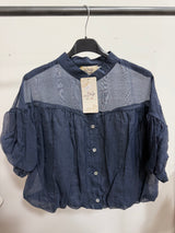 Puff Sleeve Italian Blouse in Navy