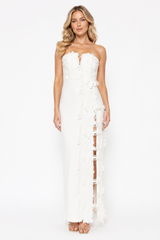White Low V Strapless Maxi Dress With Slit