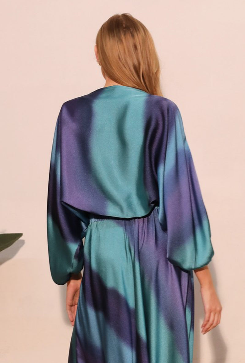 Blue Ombre Satin Boat Neck Blouson Top