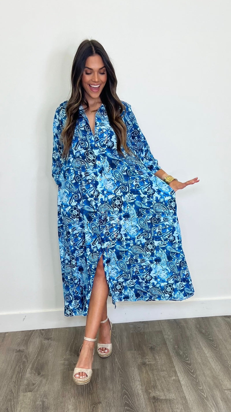 Perce Italian Blue Print Eyelet Maxi Dress