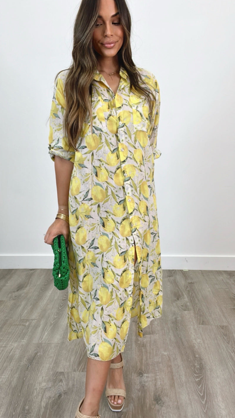 Limoncello Beige Lemon Print Dress