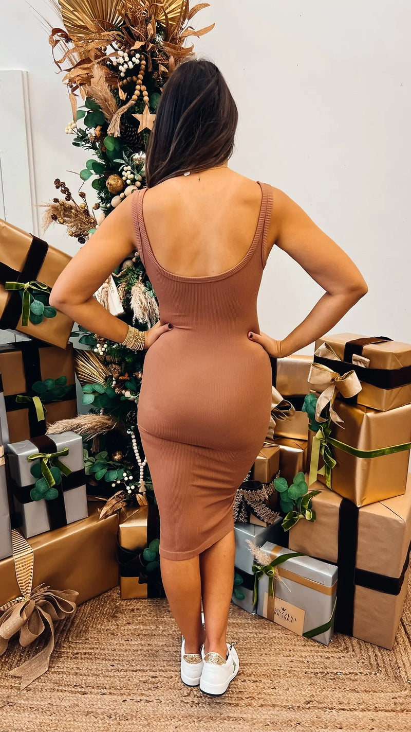 Boss Lady Cognac Ribbed Midi Tank Dress - PRINZZESA BOUTIQUE