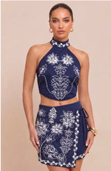 Navy 2pc Embroidered Skirt Set