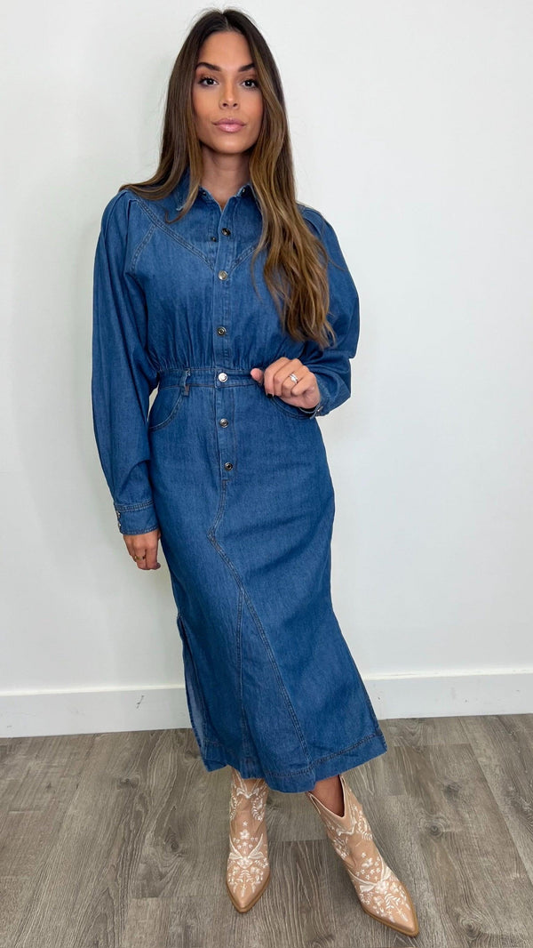 Ilarion Denim Blue Midi Dress - PRINZZESA BOUTIQUE