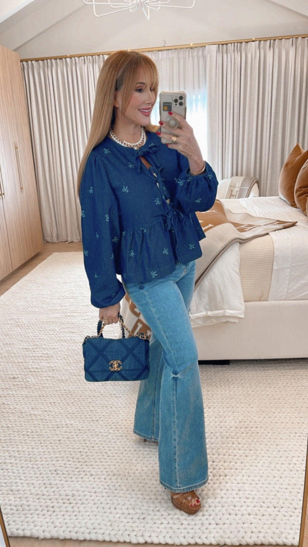 Lara Bow Print Denim Bow Tie Blouse - PRINZZESA BOUTIQUE