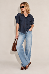 Button Down Italian Blouse in Navy