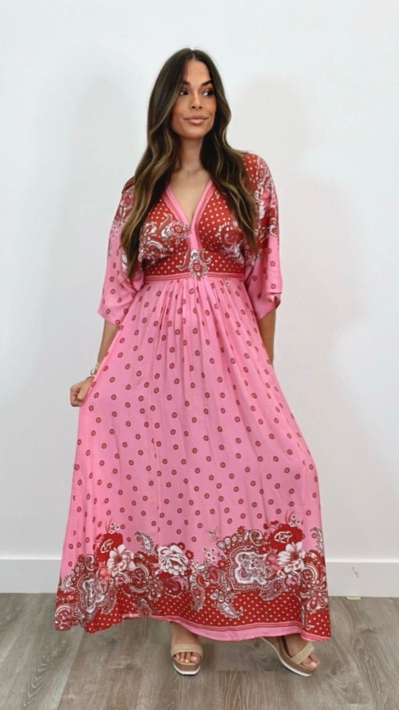 Ligure Pink Red Print Maxi Dress