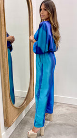 Blue Ombre Satin Boat Neck Blouson Top