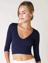 Cartagena Ribbed 3/4 Sleeve V Neck Crop Top - PRINZZESA BOUTIQUE