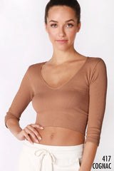 Cartagena Ribbed 3/4 Sleeve V Neck Crop Top - PRINZZESA BOUTIQUE