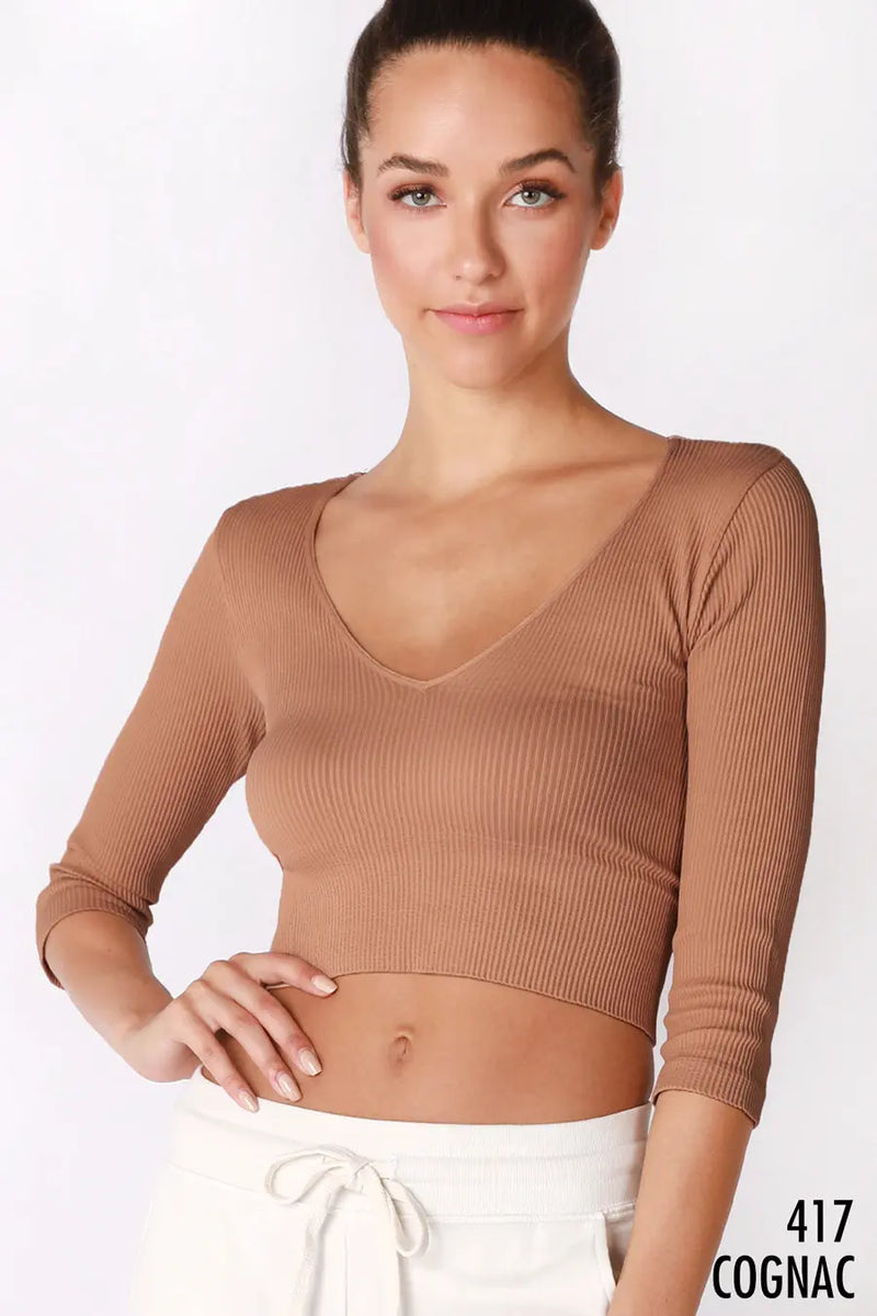 Cartagena Ribbed 3/4 Sleeve V Neck Crop Top - PRINZZESA BOUTIQUE