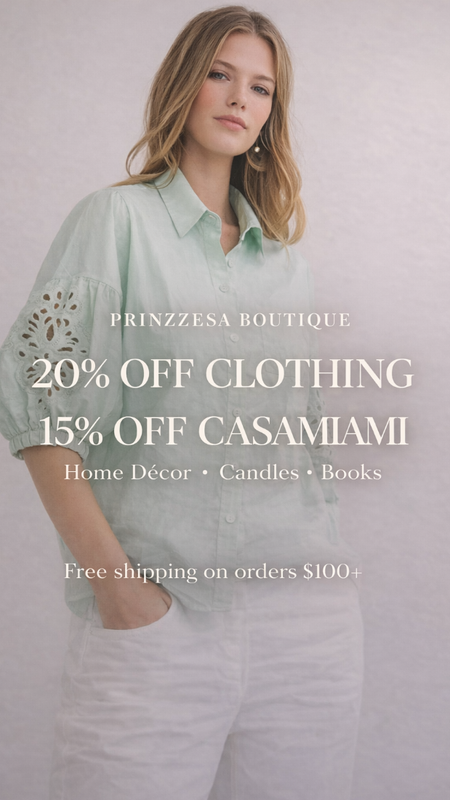 Woman wearing a light green shirt with text overlay for Prinzpesa Boutique discount offer.
