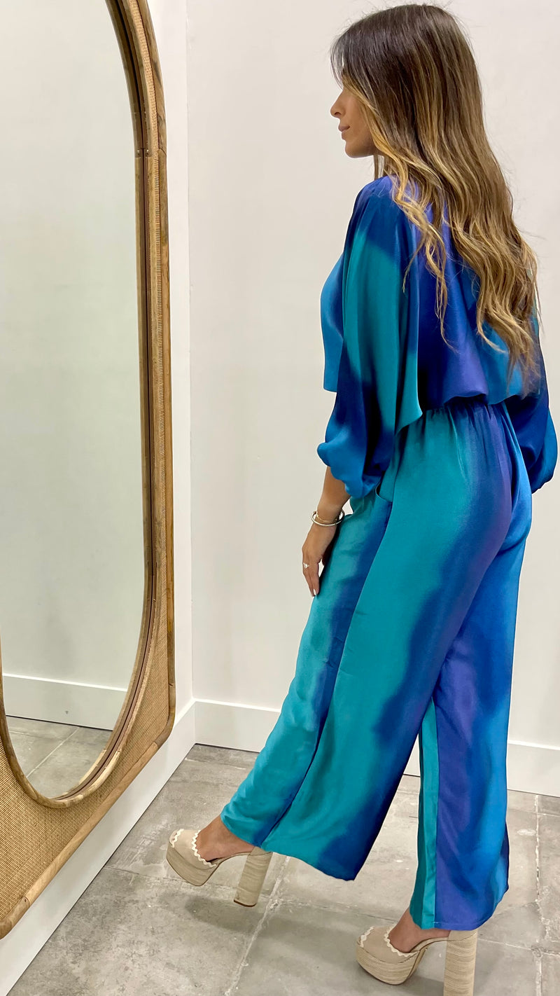 Blue Ombre Satin Boat Neck Blouson Top