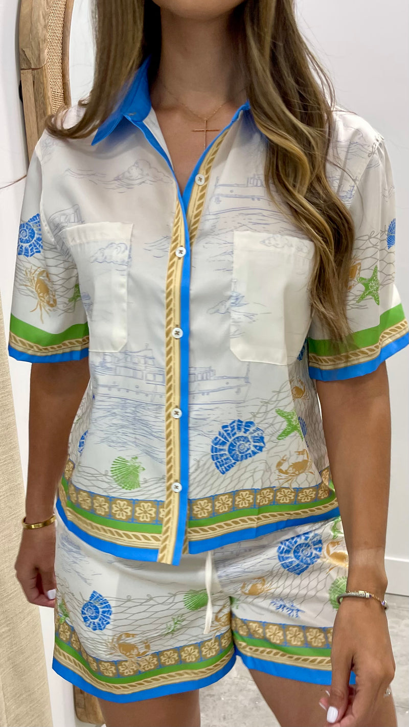 Coastal Print Button Down Short Set