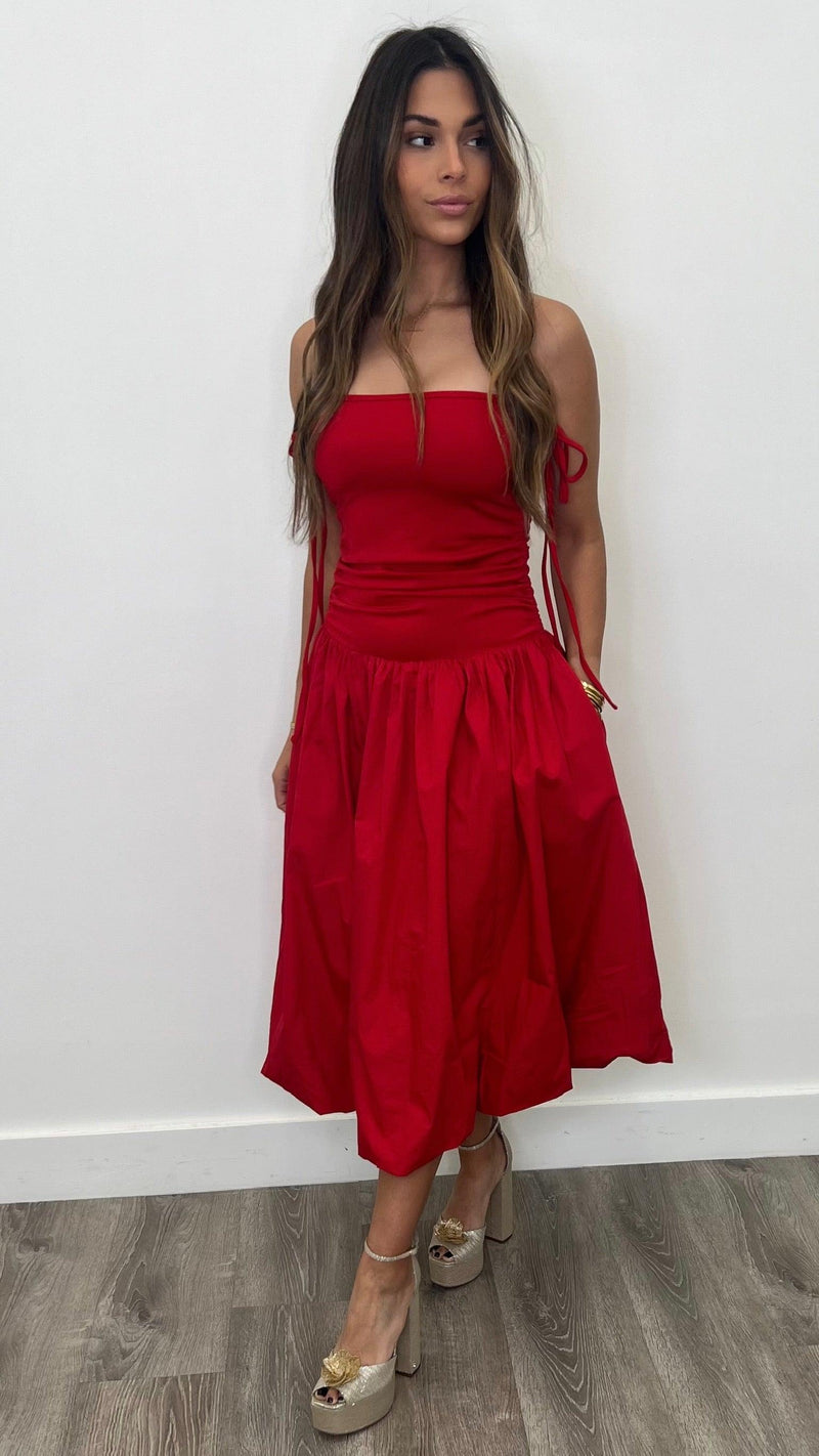 Harley Red Strapless Midi Dress - PRINZZESA BOUTIQUE