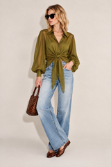 Italian Tie front Blouse in Olive