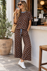 Polka Dot Knit Pullover & Wide Leg Pants Set