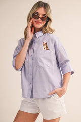 Striped Button Down Top With Dog Embroidery