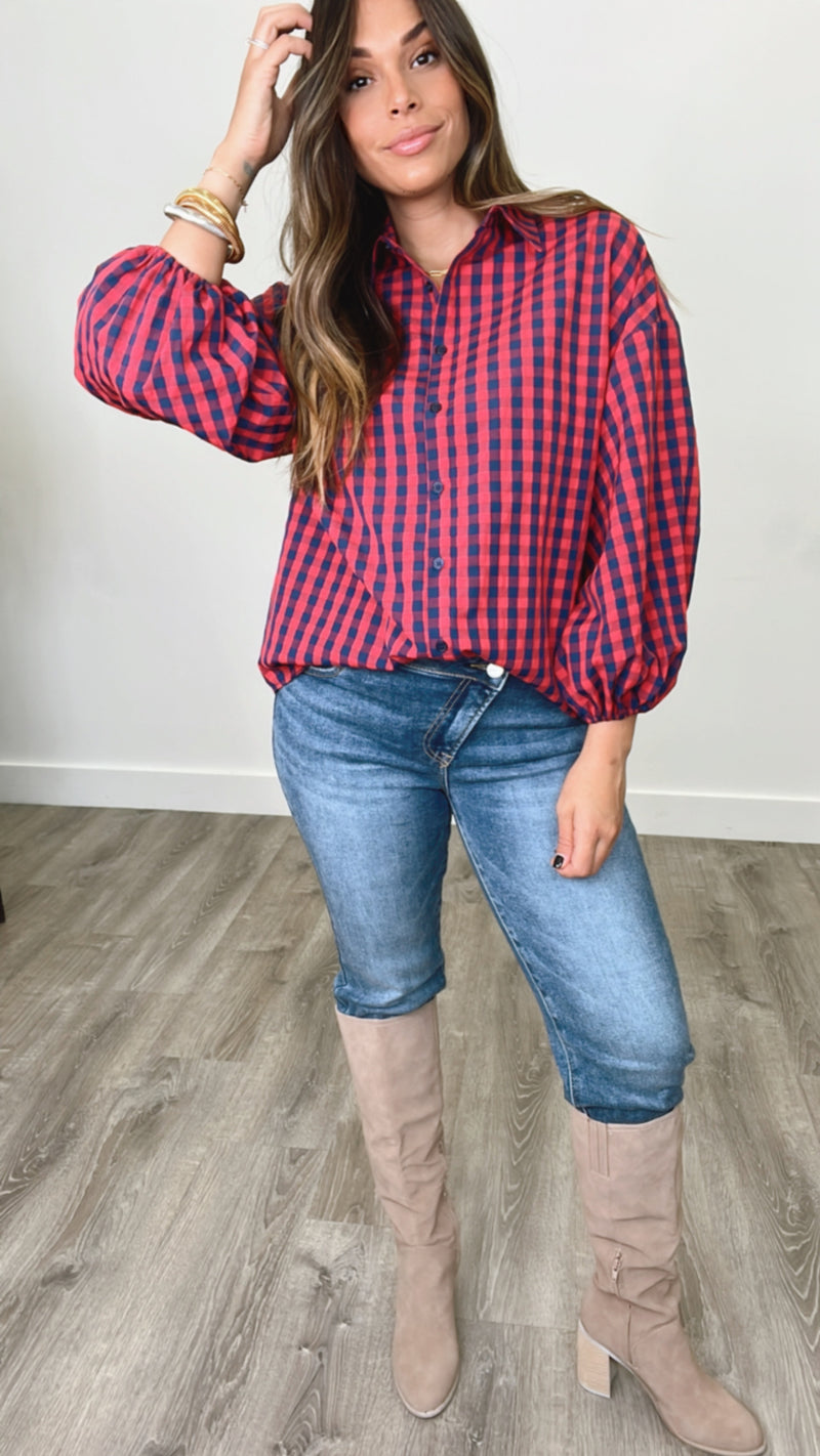 Martha’s Plaid Blouse Red and Navy multi