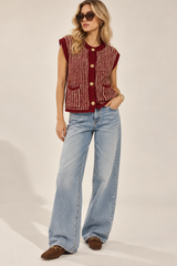 Burgundy Two-tone Rib Knit Vest Cardigan
