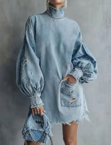 Denim Turtleneck Long sleeve dress