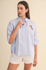 Striped Button Down Top With Dog Embroidery