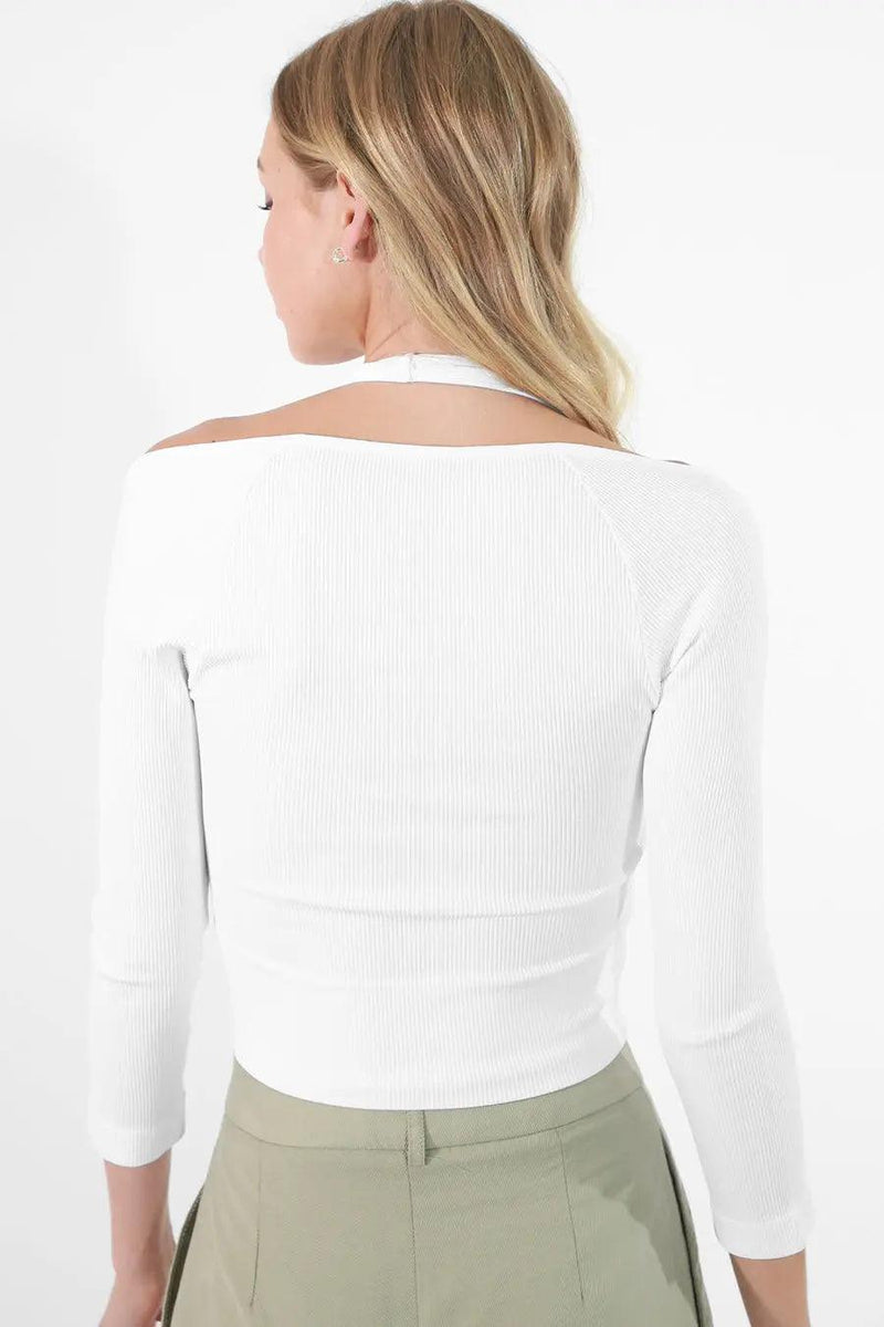 Emilia 3/4 Sleeve Ribbed Halter Crop Top - PRINZZESA BOUTIQUE