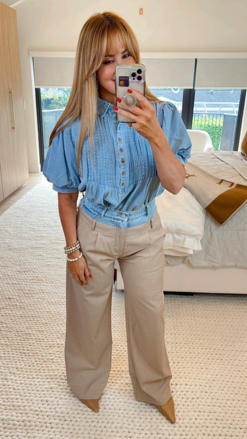 Ferro Beige Pinstripe Pants - PRINZZESA BOUTIQUE