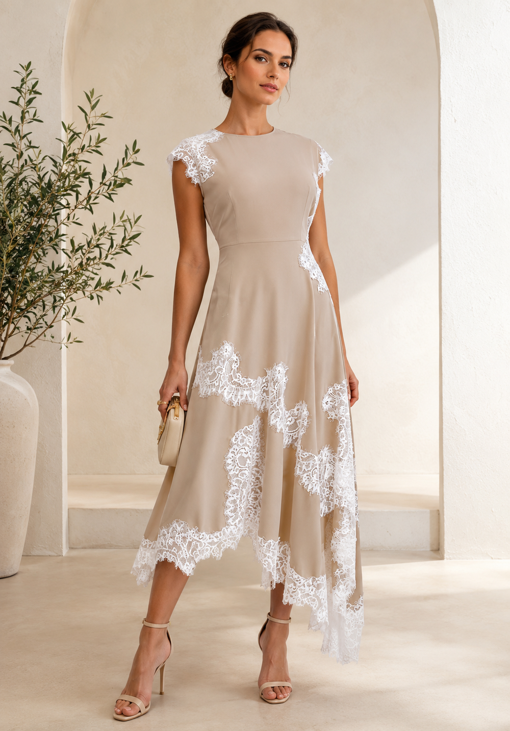 Satin Lace Asymmetric Maxi Dress in Beige Small