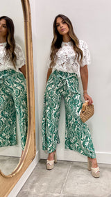 Stacey White and Green Tie Front Long Pant