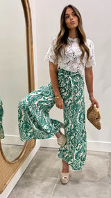 Stacey White and Green Tie Front Long Pant