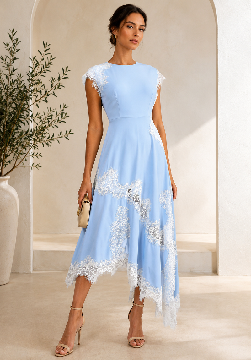 Satin Lace Asymmetric Maxi Dress in Blue Large