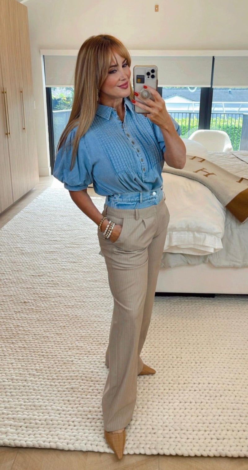 Ferro Beige Pinstripe Pants - PRINZZESA BOUTIQUE
