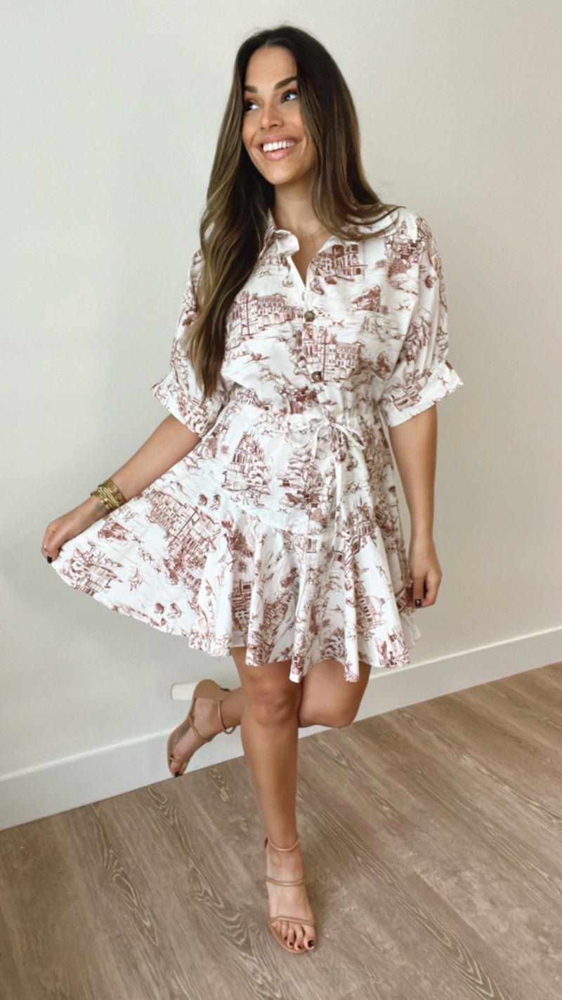 Bohemian Love Ivory Brown Front Tie Dress