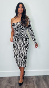 One Shoulder Animal Stretch Dress Black/Cream - PRINZZESA BOUTIQUE