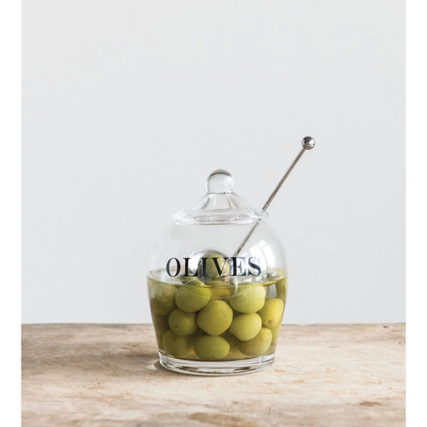 Glass Olive Jar with Slotted Spoon - PRINZZESA BOUTIQUE