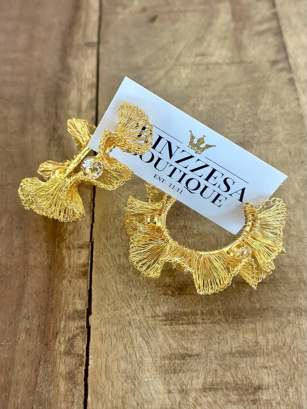 Gold Large Ruffled Hoops With Crystals Handmade Crochet Earrings - PRINZZESA BOUTIQUE