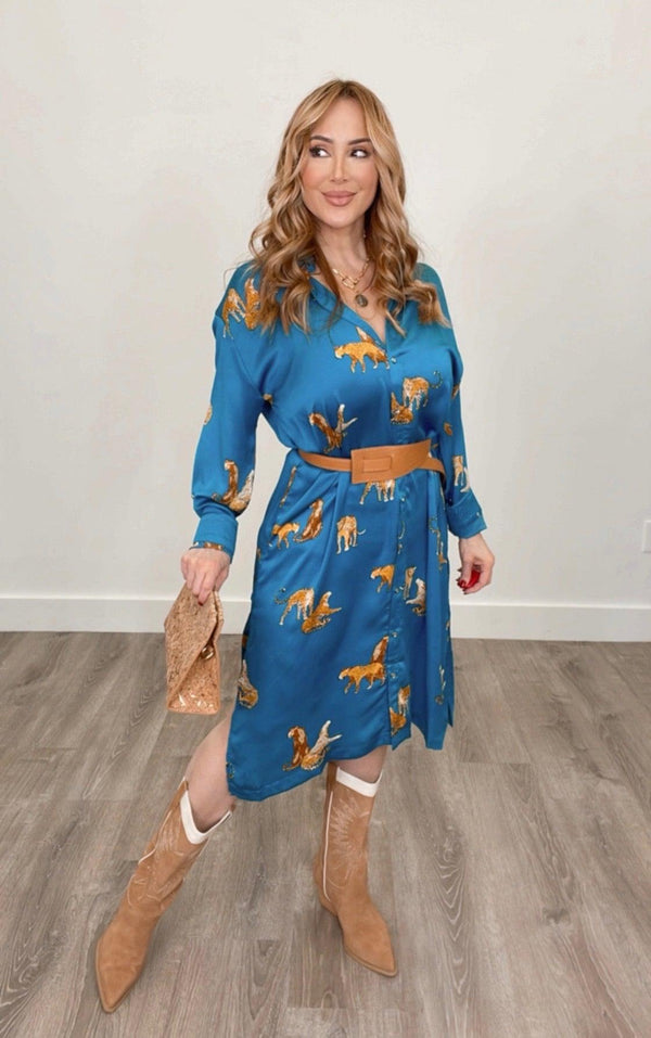 Fall Tiger Dress Teal - PRINZZESA BOUTIQUE