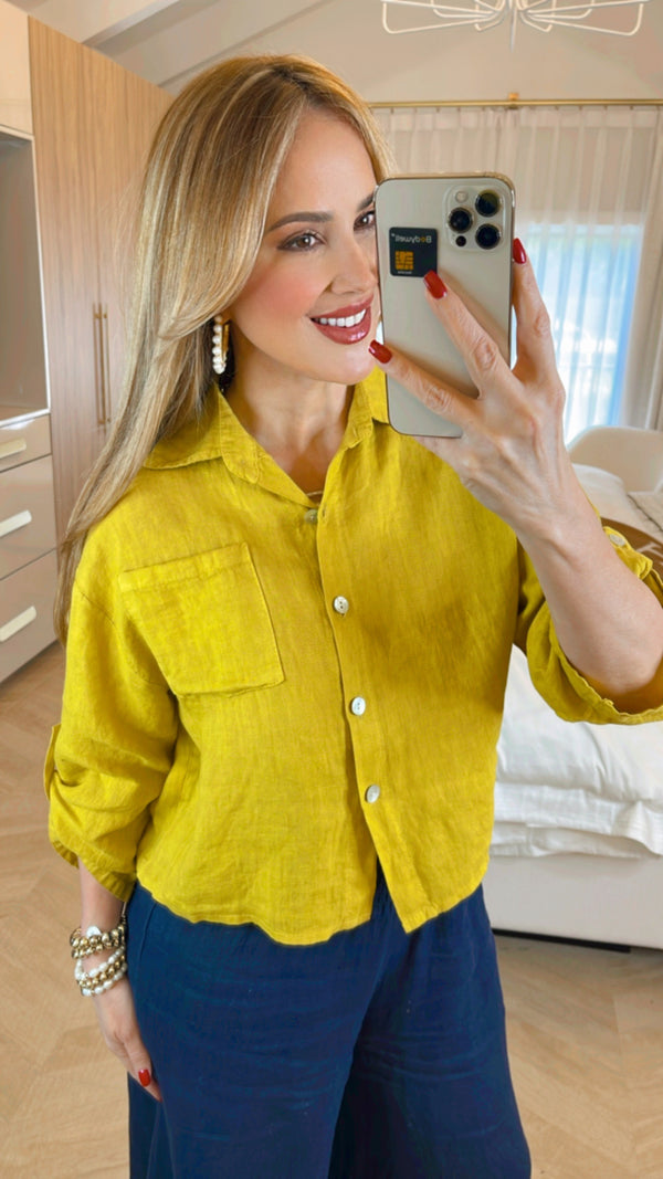 Lino Cropped Button Down Top from Italy Mustard