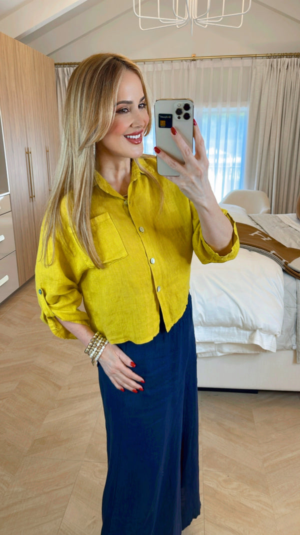 Lino Cropped Button Down Top from Italy Mustard