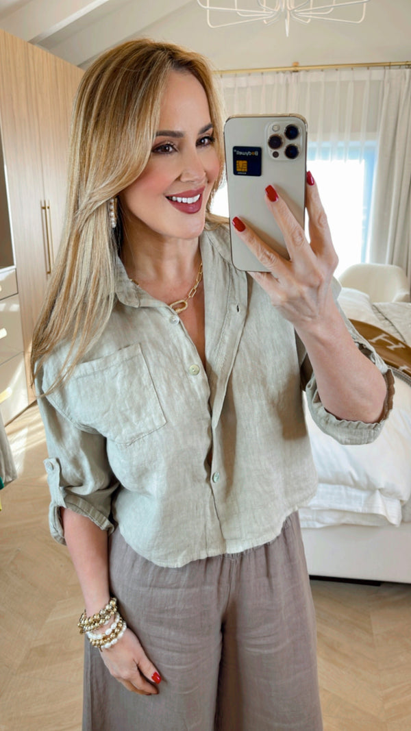 Lino Cropped Button Down Top from Italy Sand