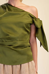 Asymmetric One Shoulder Satin Bow Top