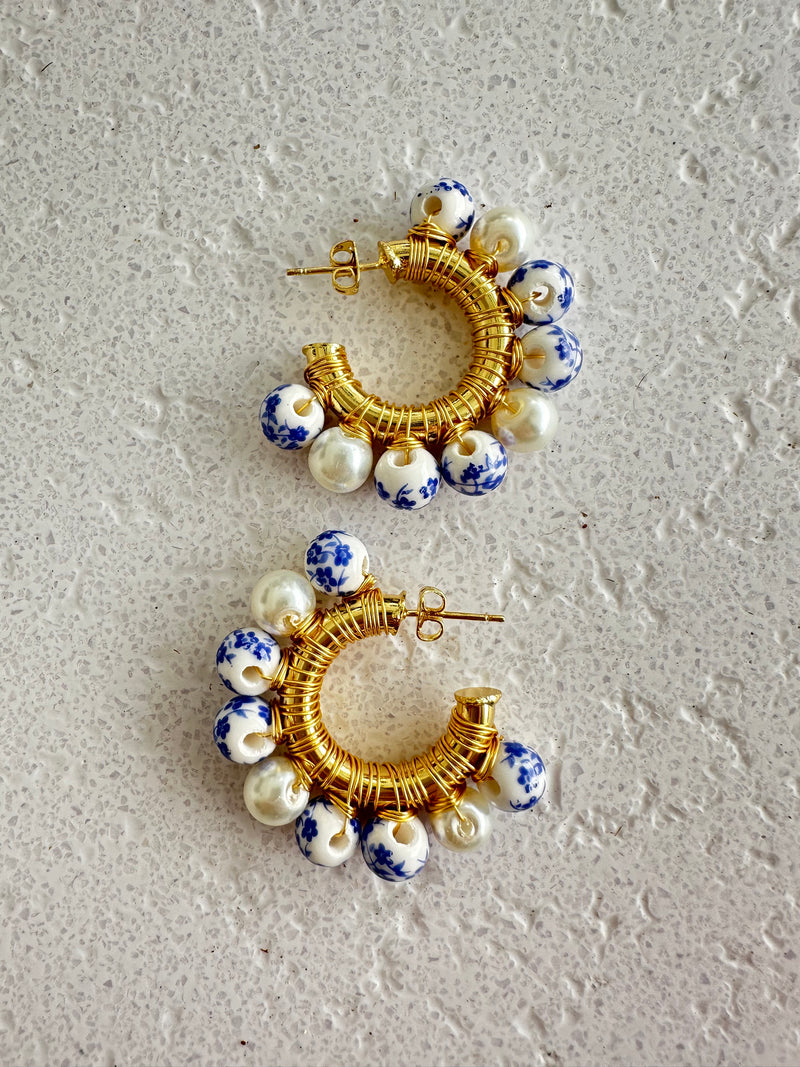 Farfalla Pearl Blue Floral Hoop Earrings
