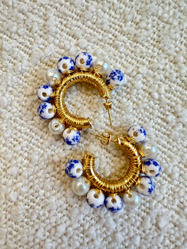 Farfalla Pearl Blue Floral Hoop Earrings